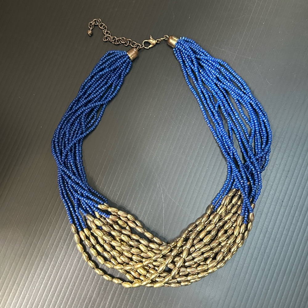 Blue and Gold Beaded Necklace with extender